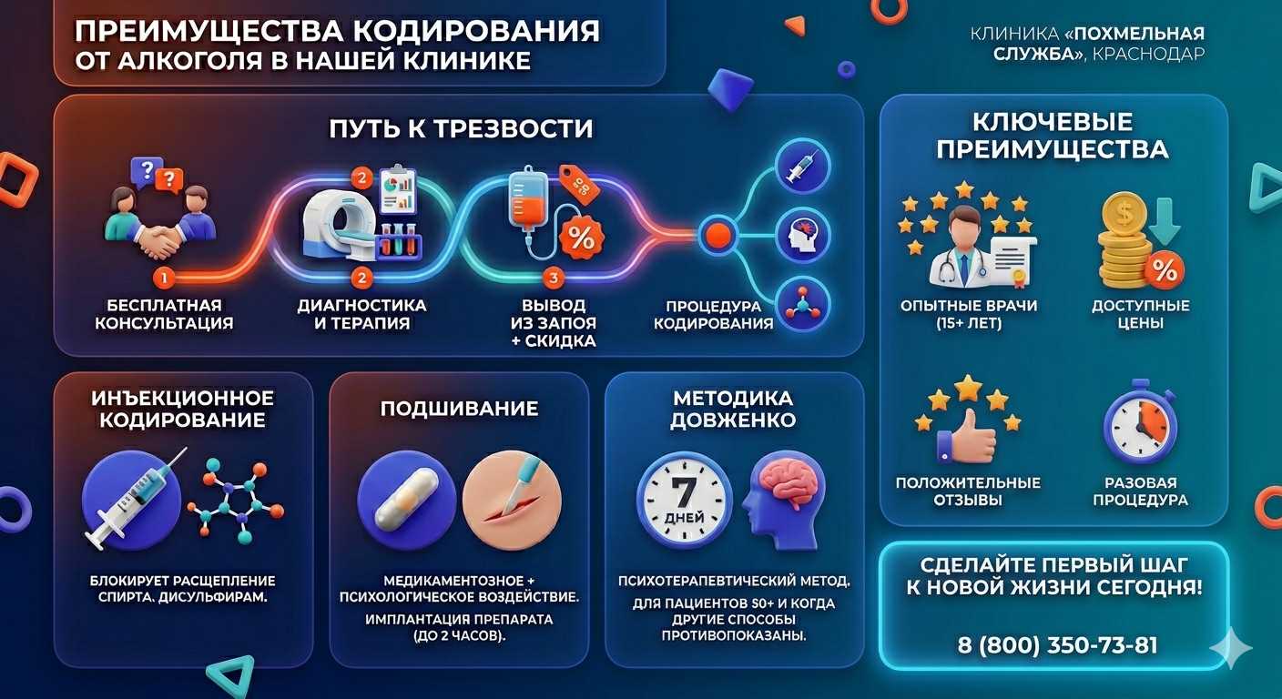 Инфографика о методах кодирования от алкоголя в Катайске: инъекции, подшивание, метод Довженко. Преимущества клиники и этапы лечения.